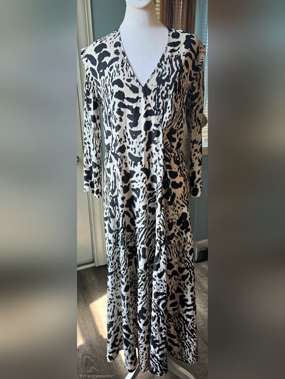 Ba&sh Paris Olga Midi Dress Womens 6 Black Ecru Abstract Animal Print Fit n Flar - Picture 5 of 16
